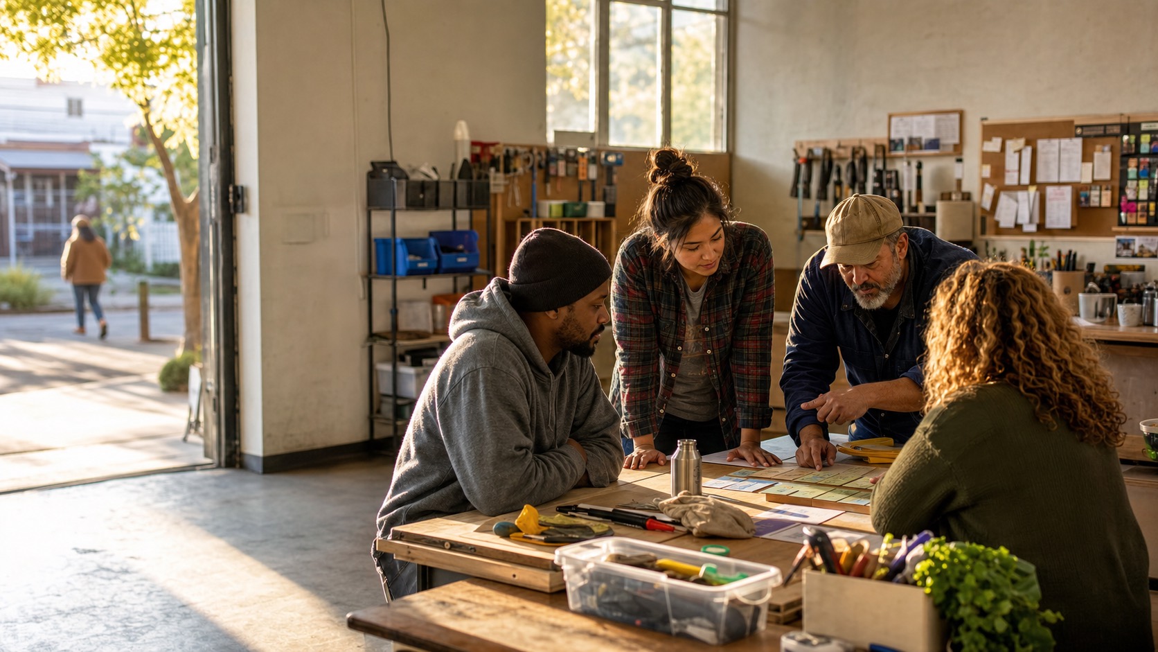 People planning practical work together around a table in a bright workshop
